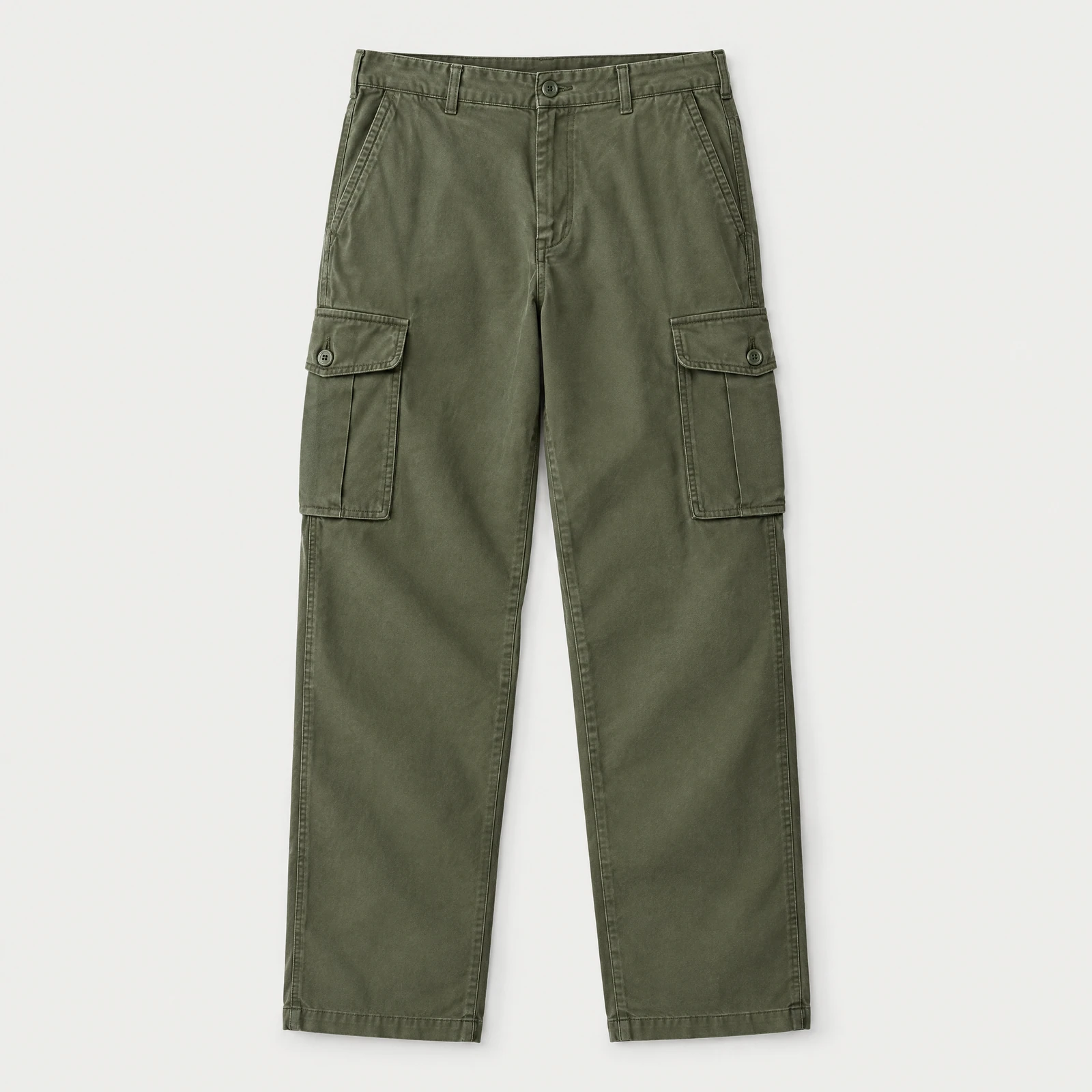 Olive green cargo pants with flap pockets on the thighs laid flat on a light gray background
