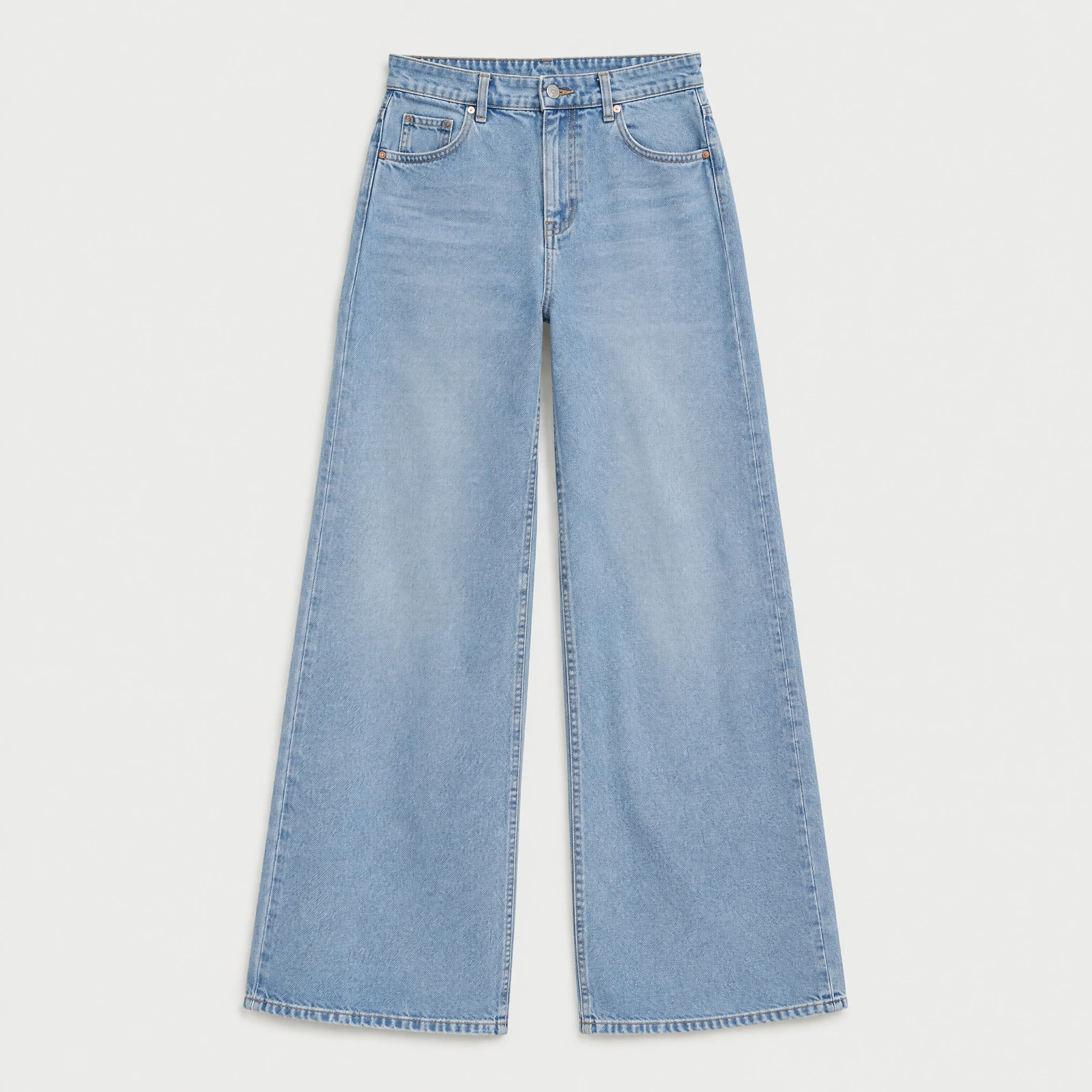Light-wash wide-leg high-rise jeans laid flat on a light gray background